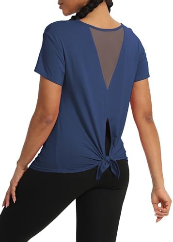Bestisun Women Short Sleeve Workout Athletic Shirts Tie Back Sports Gym Tops Mesh Back Yoga Clothes