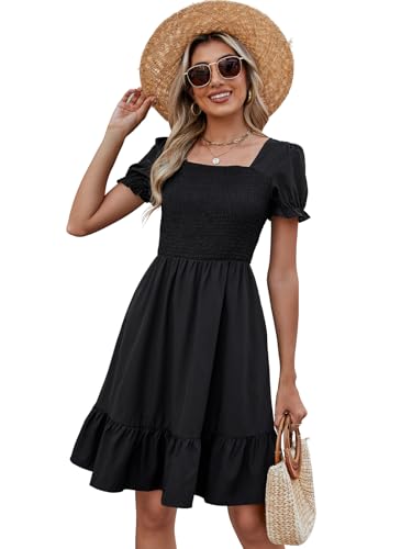 Image of Lyrur Women's Short Sleeve Summer Dresses 2026 Spring Casual Square Neck Easter Dress A-Line Tiered Sundress with Pockets