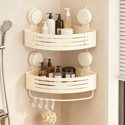 Corner Shower Caddy Bathroom Organizer（2-Pack Cream White）,No-Drilling Aluminum Suction Cup Corner Shower Shelf with Towel Bar & Hooks,Detachable and Reusable Bathroom and Kitchen Storage