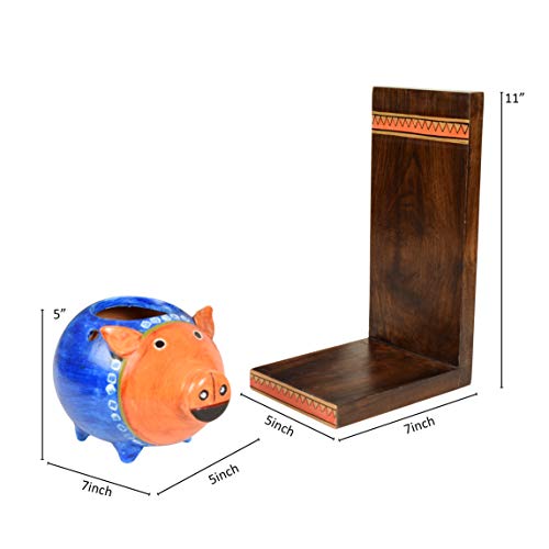 Image of AAKRITI ART CREATIONS Piggy Wall Decor Shelf with Earthen Planter | Handmade Wooden Wall Hanging Shelf with Terracotta Planter | Matte Finish Decorative Wall Art for Living Room, Balcony & Gifting