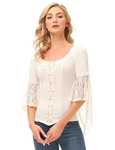 SCARLET DARKNESS Blusa para mujer Renaissance de encaje patchwork manga 3/4 cuello en U beige XXL