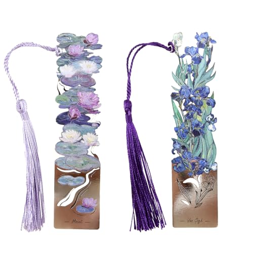 Uideyvi 2 Metal Bookmarks with Tassel, Oil Painting Water Lilies and Irises