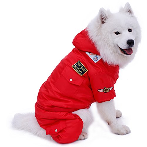 PAWZ Road Manteau d'hiver pour Chien avec Capuche et 4 Jambes, USA Air Force Veste Coupe-Vent Combinaison De Neige Hiver Vêtement pour Chien Chat 5XL Rouge