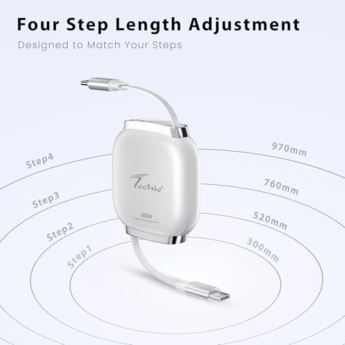 Image of Techie Type-C to Type-C Retractable Cable White 60W USB-PD Fast Charging 1m Flat TPE Copper Cable for Smartphones, Tablets & Laptops