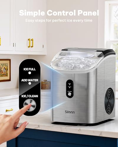 Image of Silonn Nugget Ice Maker Countertop, Pellet Ice Machine with Self-Cleaning Function, Sonic Ice Maker Produces 33lbs of Chewable Ice in 24 Hours, Ideal for Home Kitchen and Office (Stainless Steel-17T)