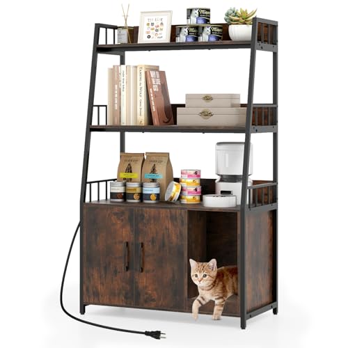 COSTWAY Armario para Gatos, Armario de Caja de Arena con Estantes de Almacenamiento, Almohadilla para Arañar, Estación de Carga, Mueble de Interior Resistente con Kit Antivuelco (Estilo Industrial)