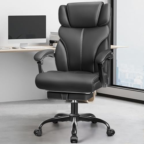 FelixKing Bürostuhl, Leder Chefsessel Ergonomischer, komfortabler drehbarer Bürostuhl mit Verstellbarer hoher Rückenlehne, geeignet für Heimspiele(Matte Black)