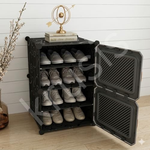 Image of 4𝐒𝐡𝐞𝐥𝐟 Shoe Rack with Door Plastic Shoe Rack for Home Storage PP Plastic Organizer with Metal Door Frame, Chappal Slipper Sandals Stand Home with for Entryway, Bedroom Living Room(Gray)