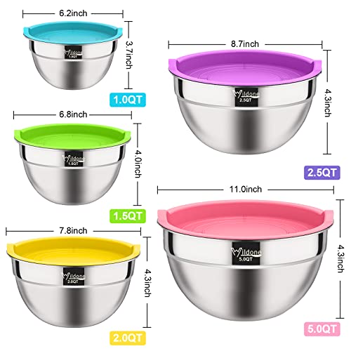 Wildone Mixing Bowls With Airtight Lids, Stainless Steel Nesting Bowls Set 19 Piece, Colorful Bpa Free Airtight Lids & Extra Deep, Size 5, 2.5, 2, 1.5, 1 Qt, Ideal For Mixing & Serving #TOP1