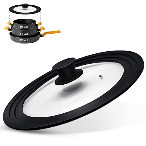 Universal Lid for Pots, Pans and Skillets, Pot Lid With Heat Resistant Silicone Rim and Tempered Glass,Fits 10", 11", 12" Diameter Pots and Pans