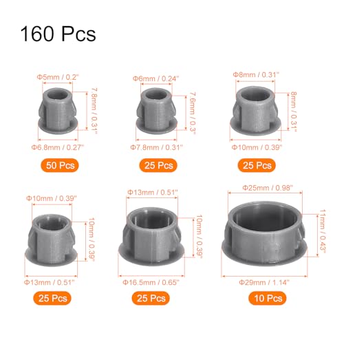 Image of uxcell Nylon Plastic Hole Plug, 160Pcs 0.2 inch /0.24 inch /0.31 inch /0.39 inch /0.51 inch /0.98 inch 6 Sizes Hole Plugs Panel Flush Type Knockout Locking Plugs for Furniture Cabinet Insert End Caps, Grey