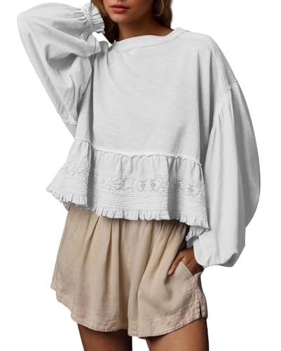 Image of MISSACTIVER Women Oversized Crop Sweatshirts Crew Neck Long Puff Sleeve Lace Babydoll Top Casual Peplum Pullovers Tops, White, XL