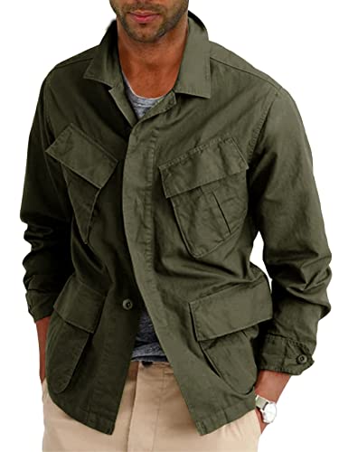 Runcati - chamarra safari ligera para hombre, con botones, de algodón para exteriores, militar, de manga larga, para exteriores, Verde militar, M