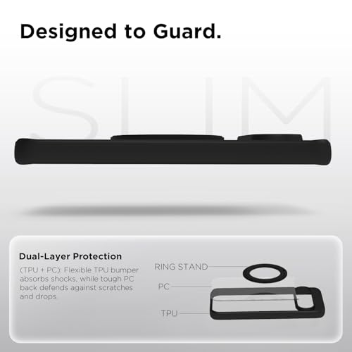 Image of RIGGEAR Shockproof Sleek Hybrid Armor 360 Rotating Magnetic Ring Stand Back Cover Case Compatible with MagSafe Accessories for Google Pixel 9 / Pixel 9 Pro (Clear PC + Black TPU Bumper)