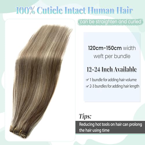 Image of Sew in Hair Extensions Real Human Hair, 120g 24 Inch Weft Hair Extensions Remy Real Human Hair Ash Brown Balayage Ash Blonde Highlights Human Hair Weave Bundles Full Head Straight Hair Wefts