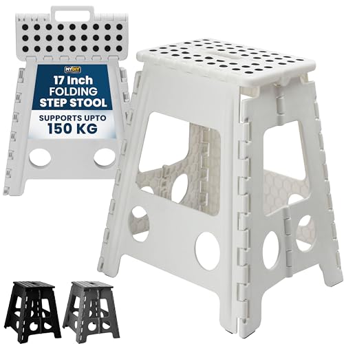 MY DIY Folding Step Stool 17 Inch (45cm) Lightweight Heavy Duty Strong Plastic Stool For Kids & Adults With Easy Carry Handle 150KG Weight Capacity Portable Footstool (White)