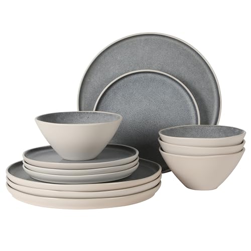 Image of Gibson Elite Coastal Forest Plates and Bowls Sets, 12-Piece Stoneware Dinnerware Sets, Triple Reactive Glaze Dish Set - Grey and Cream White