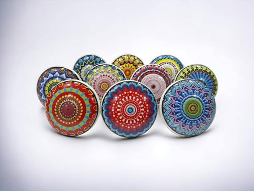 Image of Vintage Ceramic Knobs for Kids and Kitchen Cupboards, Drawers, Wardrobes, PC Cabinets, Almirahs, Dressers, Decorative Pull Handles for Dressing Table and Home Decor -Set of 10, Cheerful