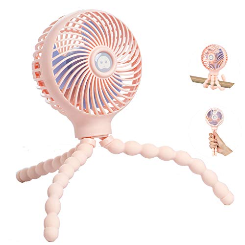 Mini Baby Stroller Fan, Handheld Personal Portable Fan with Flexible Tripod for Stroller Student Bed Desk Bike Crib Car Rides, USB or Battery Powered, Safe Quiet and Long Lasting Charge (Pink)