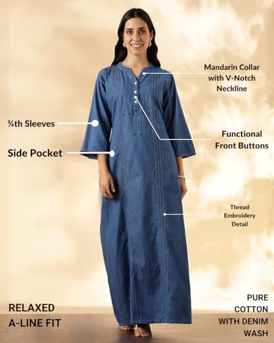 Image of 9shines Label Comfortable Cotton Denim Finish Nightdress for Women with Button Placket and Pocket(9SDLSS)