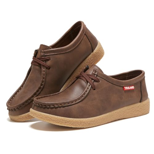 Image of TRULAND Leather Oxford Shoes for Women - Suede Lace Up Moc Toe Low Platform Flat Wallabees Shoes