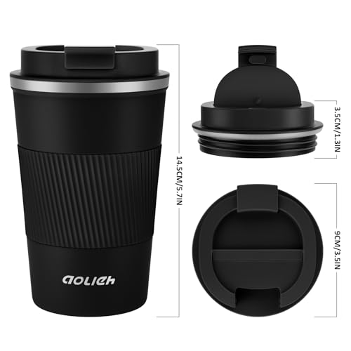 Foto von Aolieh Thermobecher, Kaffeebecher mit Auslaufsicherem Deckel, Thermobecher- Isolierbecher, Edelstahl Travel Mug, Kaffeebecher to go für heißes und kaltes Wasser Kaffee Tee (380ML,Schwarz)