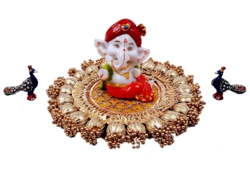 Image of Handmade Gota Patti Work Plate, Table Decor & Versatile Base for Statues, Gods, Plants | Craftsmanship with Golden Moti Detailing | Ideal Gifts for Diwali, Birthdays, Housewarming
