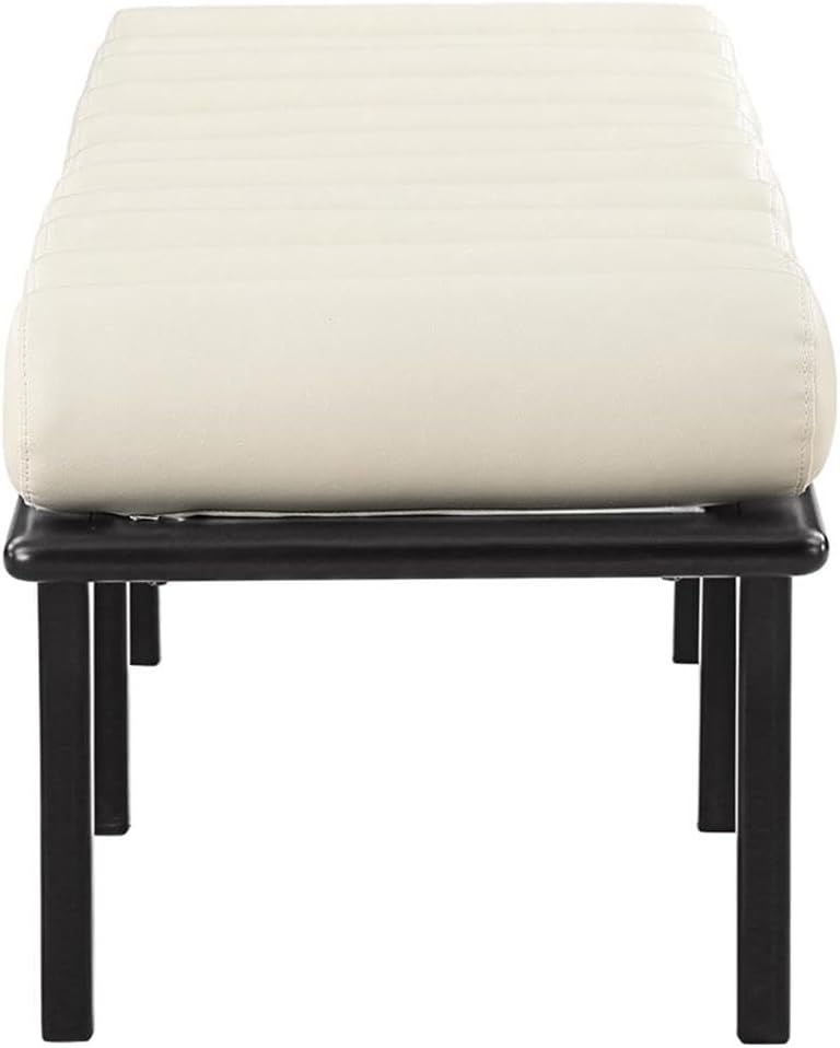 Pemberly Row Cream Vegan Leather Bench, 60.5 in W, Art Deco Design, Solid Wood Black Base, Durable Upholstery, Modern Style Living Room, Bedroom, Dressing Room Seating