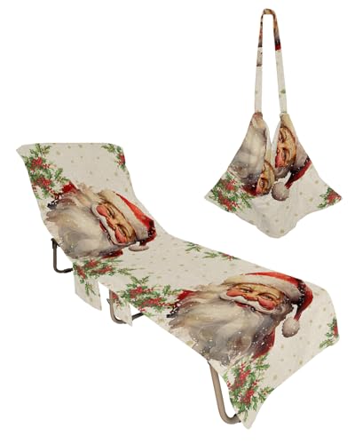 Christmas Beach Lounge Chair Towel Cover, Soft Chaise Lounge Towel with Side Pockets Patio Pool Chairs Cover for Beach/Pool Sunbathing 29x85 Xmas Santa Berry Botanical Winter Snowflake