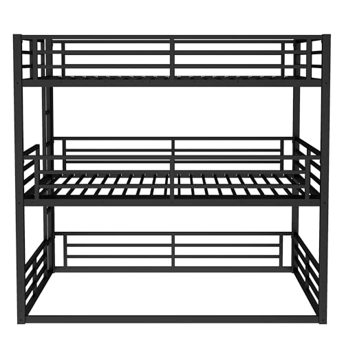 Image of Queen Over Full XL Over Queen Bunk Bed, Metal Triple Bunk Bed with Safety Guardrails, Modern Bed Frame for Kids, No Box Spring Required, Black
