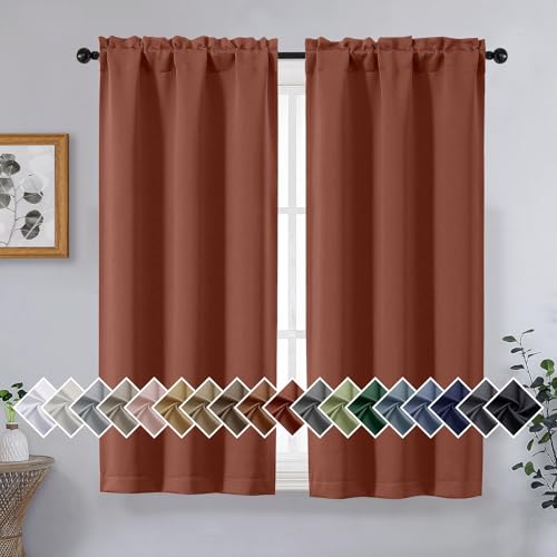 Image of Terracotta Short Blackout Curtains for Bedroom 45 Inches Long 2 Panels, Solid Thermal Insulated Blackout Curtains, Energy Saving Soft Fabric Window Drapes, Dual Rod Pocket, 2x40Wx45L Inches
