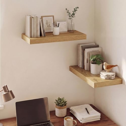 Image of Dreamland 20 Inches Floating Shelves for Wall, 9.3 inch Deep Long Floating Shelves Set of 2, Large Display & Storage Shelf, Wall Shelf for Bathroom Bedroom Living Room Kitchen Office, Oak