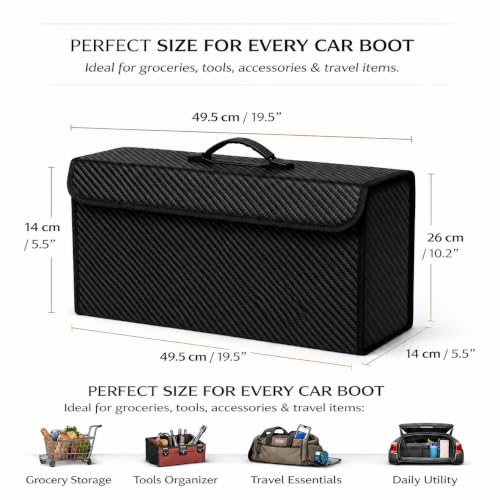 Image of JVCV Premium Carbon Fiber Texture Car Trunk Boot Organizer | Large Capacity Car Storage Bag with Anti-Slip Bottom, Strong Handle & Velcro Closure | Universal Organizer (Large - PU Carbon Fiber)