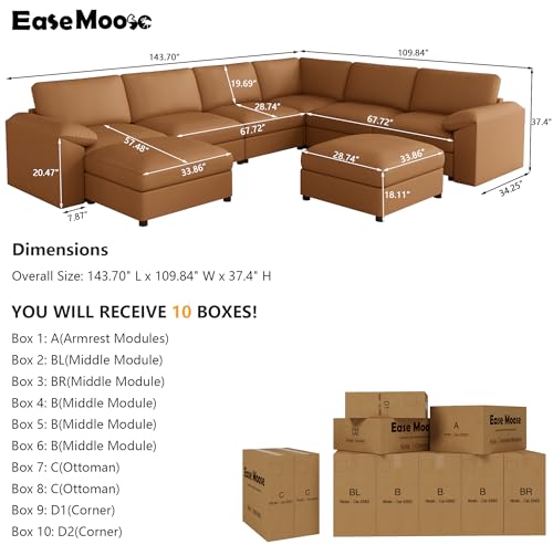Image of EASE MOOSE Leather Sectional Sofa, Oversized Faux Leather Sectional, Wide Deep Modular Couch, Scratch Resistant Material Sofas, U Shaped Couch,Brown