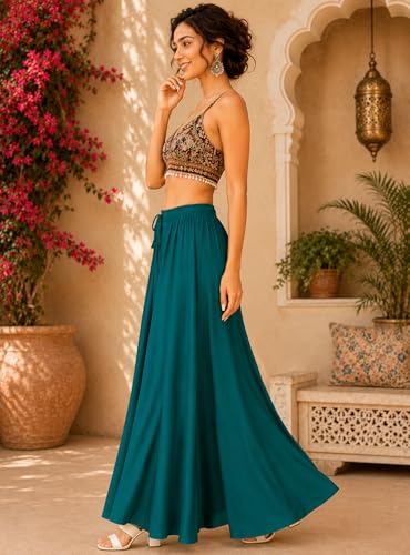 Image of TNQ Palazzo Pants for Women Rayon Full Flared Free Size | for Any Kurti | Ethnic Or Casual Wear (IN, Alpha, 2XL, Teal Green)