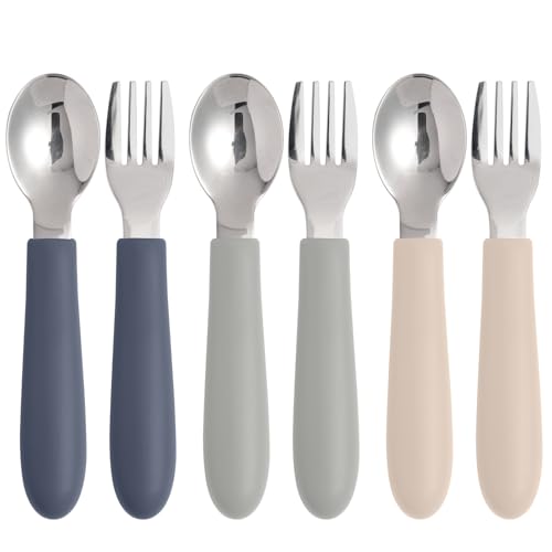 Eascrozn 6 Pack Toddler Utensils, Kids Silverware Set With Silicone Handle, Children Safe Forks And Spoons, 18/8 Stainless Steel, Food Grade Silicone Feeding Supplies, Dishwasher Safe cover