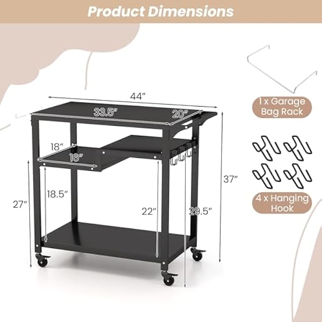 Giantex Outdoor Grill Cart, Pizza Oven Stand with Wheels, 3 Storage Shelves, Removable Hooks, Garbage Bag Holder, Movable Dining Cart Food Prep Worktable Cooking Station for Outside Kitchen BBQ-LvwESsuo