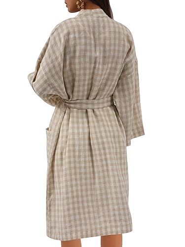 Image of Amazhiyu Womens Pure Linen Mid Length Kimono Robes Lightweight Long Sleeve Bathrobe