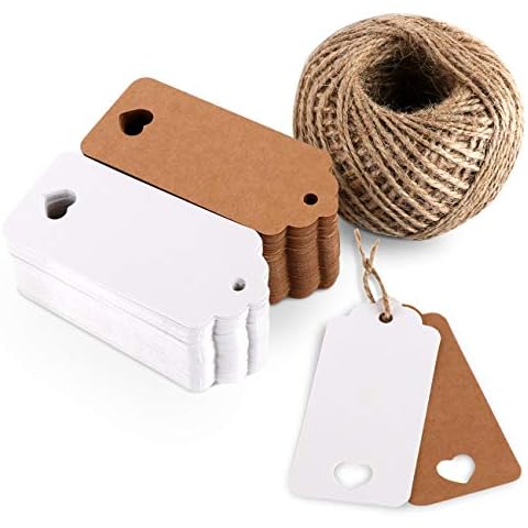 Kraft Paper Gift Tags 200 Pcs Brown and White Paper Tag (9x4cm) heart Craft Hang Labels with 60m Jute Twine String for Wedding, Birthday Favor Cover