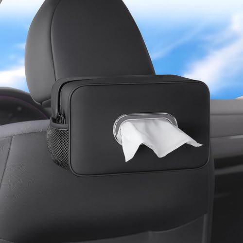 Image of Car Tissue Holder | PU Leather Tissue Box Cover | 2 Side Mesh Pockets | Fits 100-160 Tissues | Napkin Organizer for Car, SUV & Truck (Pack of 1, Black)
