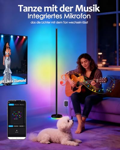 LED Stehlampe Wohnzimmer Dimmbar RGBIC - 140cm Smart Modern Stehlampe mit Fernbedienung und APP, 16 Millionen Farben, Musikmodi, DIY-Modus, Floor Lamp für Schlafzimmer, Gaming-Zimmer, Schwarz