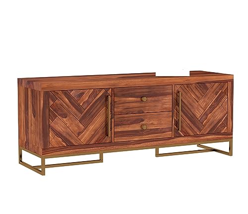 Image of Premium Solid Sheesham Wood TV Unit with 2 Drawers, 4 Shelves, and 2-Door Storage - Accommodates up to 55-Inch TV - Ideal for Living Room (Zane, Honey Finish)