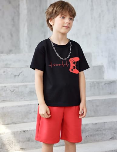 Image of Arshiner Boys Drop Shoulder T-Shirt & Drawstring Waist Shorts Summer Casual Outfits (5-12 Years)