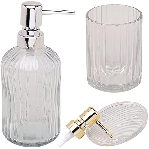 G Decor Modern Transparent Pressed Glass 3-Piece Bathroom Accessory Set, Includes Liquid Soap or Lotion Dispenser, Toothbrush Holder, Soap Dish (Clear) Cover