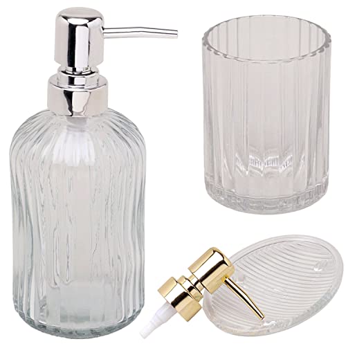 G Decor Ridged Glass Soap Dispenser Set, Includes Liquid/Lotion Dispenser, Gold and Silver Pump, Tumbler, Soap Dish Cover
