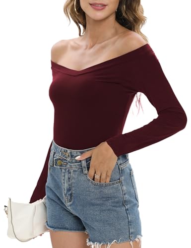 Image of Sarin Mathews Womens Shirts Off The Shoulder Tops Sexy V Neck Slim Fit Shirts Tops Blouses