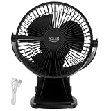 Adler AD 7342 Ventilador de mesa a batería con clip | Cabezal giratorio de 15,5 cm, 360°, 3 velocidades | Silencioso, ideal para la oficina, el hogar y el camping (Negro)