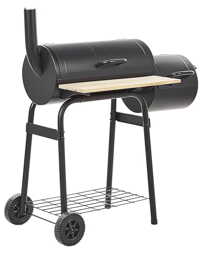 Barbecue de Jardin au Charbon de Bois avec Couvercle Fonction Fumoir Annexe à Roulettes Noir Satah