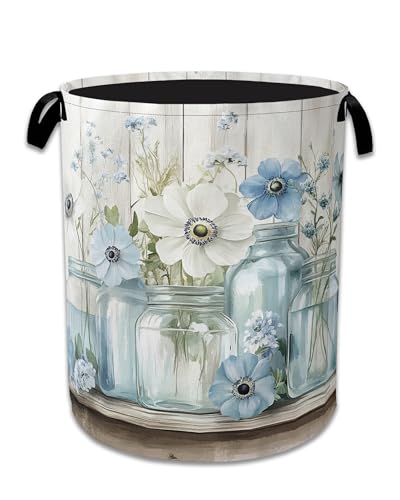 Image of Flowers Laundry Basket,Foldable Oxford Cloth Vintage Wooden Board Laundry Hamper with Handles, 20.8 inchx16 inch Tote Bag Clothes Storage Bucket for Laundry Room /Bathroom /Bedroom /Dormitories