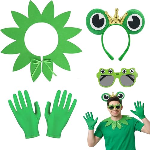 Gleemix Froschkönig Kostüm Set für Erwachsene und Kinder Frosch Kostüm Set mit Frosch Haarreif Handschuhe Schal Brille 4 Stück Karnevalskostüm Faschingskostüme Kinder für Karneval Fasching